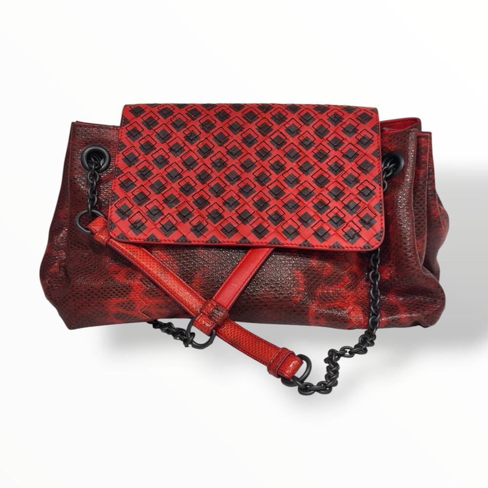 Python Leather Red Shoulder Bag With Chain Strap